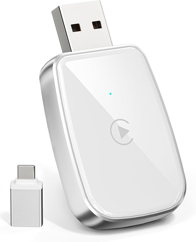 Wireless CarPlay Adapter for Apple iPhone, Convert Wired CarPlay to Wireless, Mini Size with USB-A to USB-C Adapter, Stable Control & No Delay Latency, White