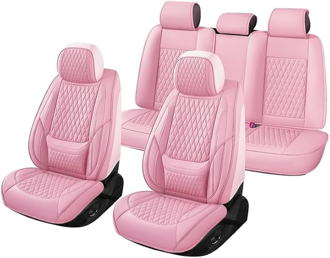 Car Seat Covers Full Set Custom Fit for Ford Taurus 1999-2018 - Premium Faux Leather with Lumbar Support | Breathable, Waterproof, Anti-Slip, Durable (Pink,Full Set)