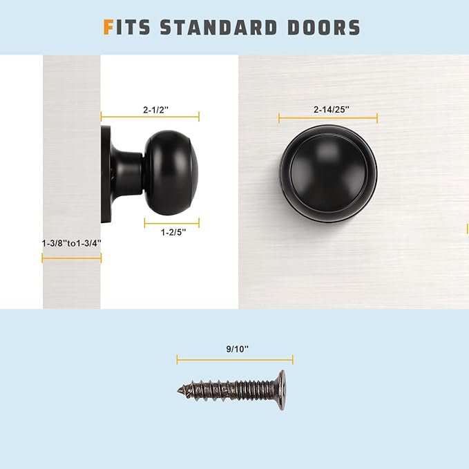 KNOBWELL 6 Pack Black Dummy Door Knob, Single Sided Handle for Closets, French Double Doors, and Pantry, Matte Black One Side Non-Turning Interior Push/Pull Door Knob