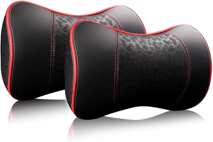 Car Leather Neck Pillows, Neck Rest Cushions,100% Memory Foam Cervical Support, Comfortable Travel car Seats and Home Office Soft Pillows, Red a Set (2 pcs)