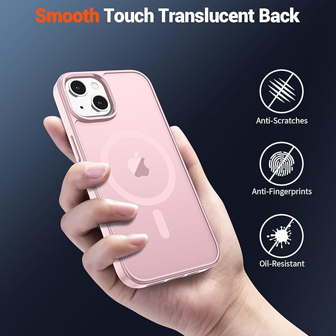 SUPFINE Magnetic for iPhone 15 Case with Screen Protector (Compatible with MagSafe) (Military Grade Drop Protection) Translucent Matte Shockproof Phone Cover,Light Pink