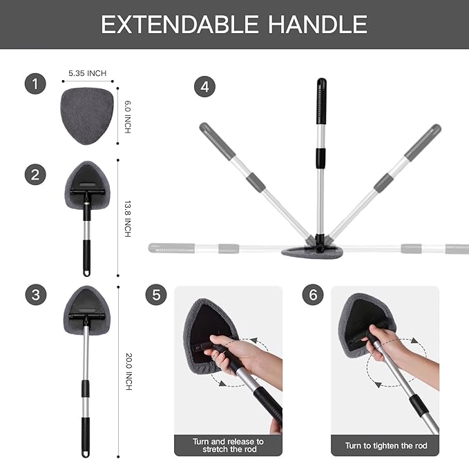 Qydipclin 10pcs Windshield Cleaner Tool, Car Window Cleaning Wash Kit with 4 Reusable Microfiber Pads 1 Spray Bottle and Extendable Handle Auto Glass Wiper Kit, Gray