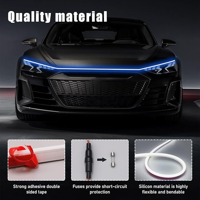 Ohleats 59 Inch Car Hood Light Strip, Exterior Flexible Daytime LED Running Light, Waterproof Auto LED Strip Light with Dynamic Scan Start-up Effect, Car Accessories for SUV Truck (Blue)