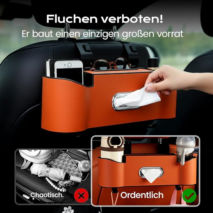 3-in-1 Car Backseat Organizer, 2026 New Multifunctional Back Seat Car Organizer with Cup Holder, Tissue Box, Trash Bin & Hooks for Hold Phones, Snacks, Drinks, Handbags (1, Brown)