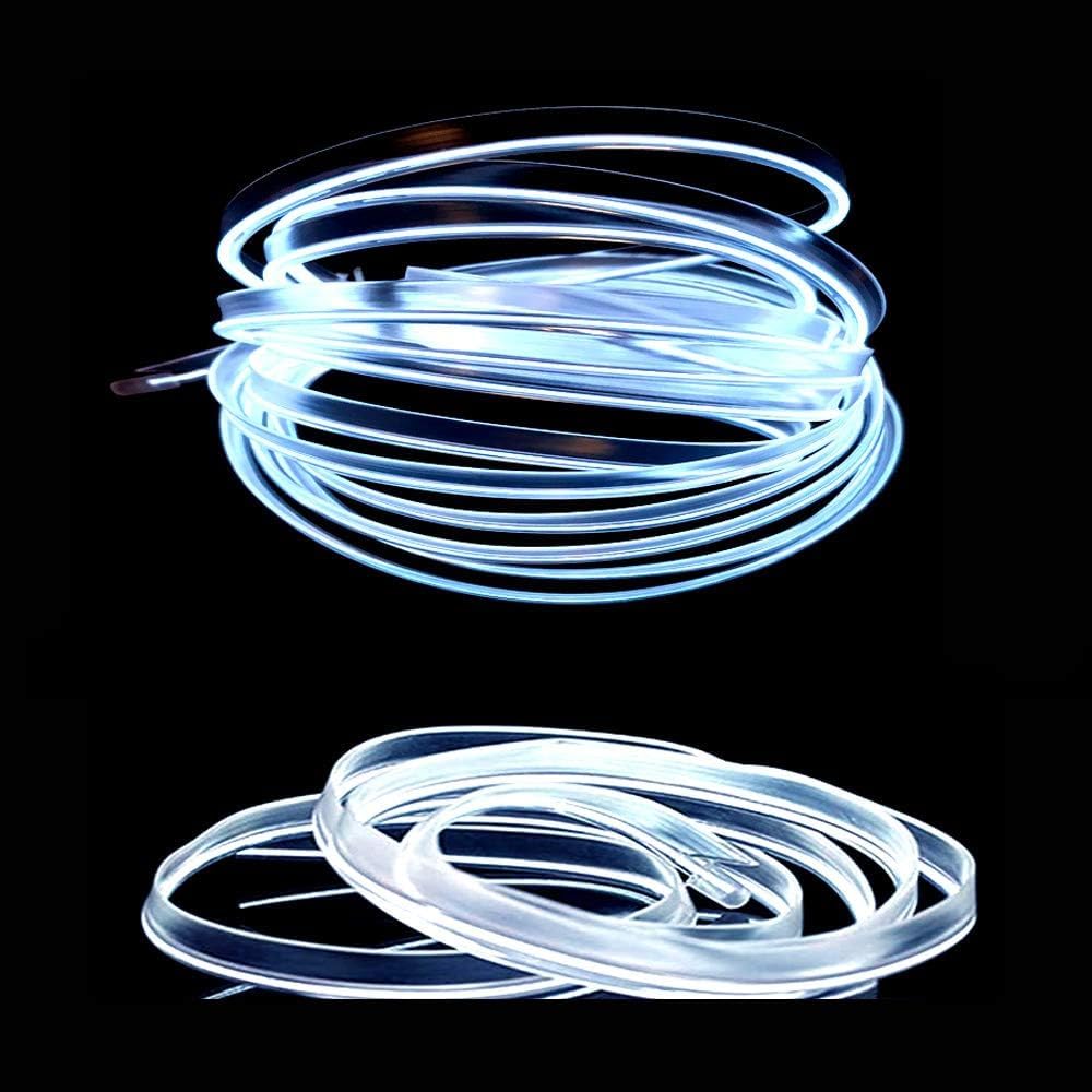 El Wire White Interior Car LED Strip Lights, 3M Neon Wire USB 5V with Fuse Protection for Automotive Interior Decoration, with 6mm Sewing Edge