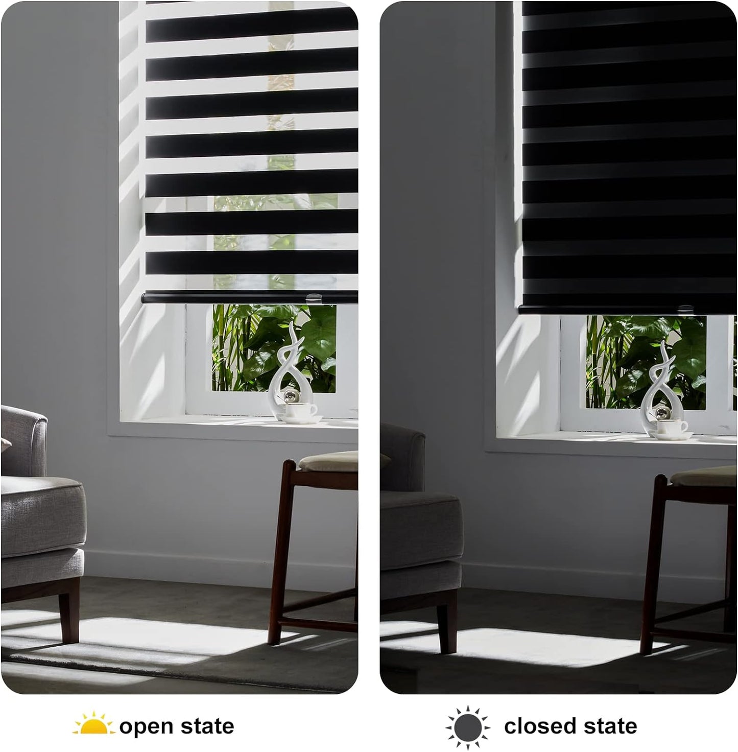 Persilux Cordless Zebra Blinds for Windows (36" W X 72" H, Black) Free-Stop Windows Shades Dual Layer Light Control for Day and Night, Light Filtering Sheer Shades for Home, Easy to Install