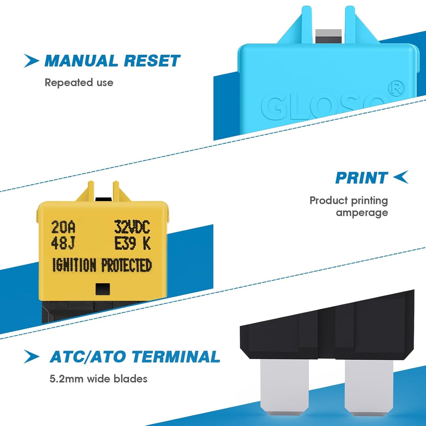 GLOSO Circuit Breakers E39 Manual (T3) Reset Low Profile ATC/ATO (3A - 3 Pack)