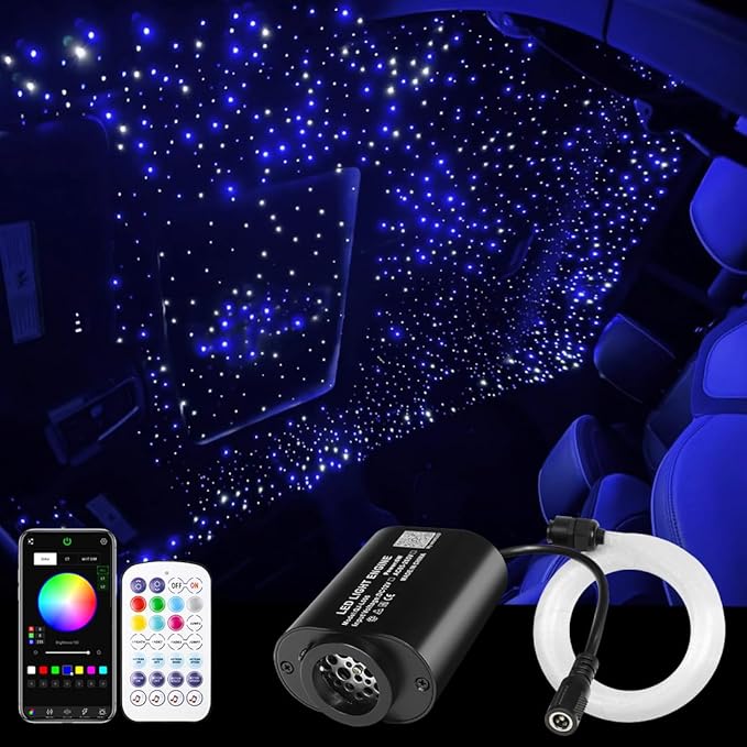 AMKI Mini 6W Starlight Headliner Kit 600pcs 0.03in 13.1ft,Twinkle+Sound Activated Fiber Optic Light 4Lamp Beam Starlight Box APP/Remote Control for Car Home Star Ceiling Decoration