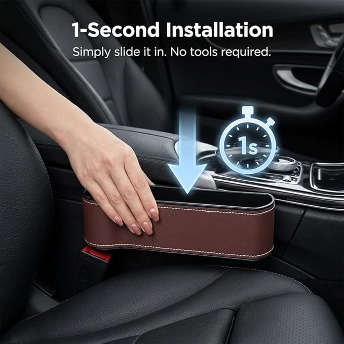Car Seat Gap Filler Organizer, 2026 New Premium Leather Console Organizer for Holding Phone, Sunglasses, Auto Console Side Storage Box with Cup Holders 2 Seat Hooks for Drink (Brown, 1Set)