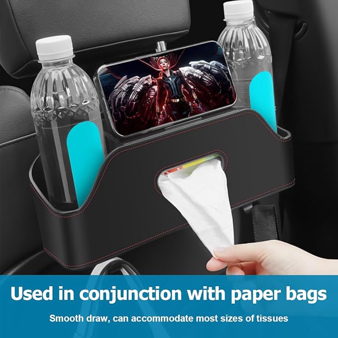 Zipelo Car Headrest Backseat Organizer with Cup Holder, Multi-Functional Vehicle Seat Back Hanging Storage Box with Hooks, Auto Drink Snack Phone Tray Travel Accessories for Kids Adults (Black)