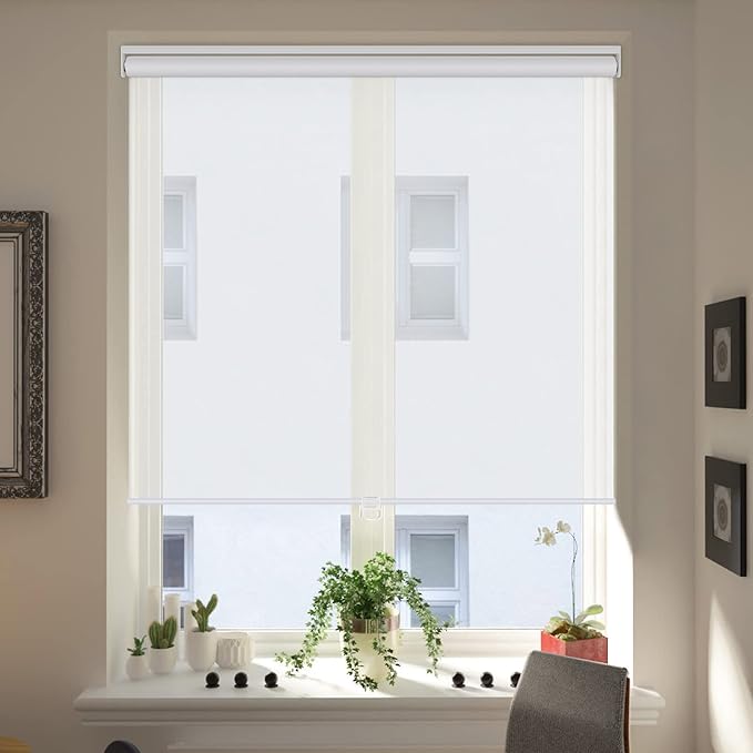 LUCKUP Light Filtering Roller Shades for Windows, Cordless Semi Sheer Solar Blinds with 5% Openness Free-Stop Window Shades for Home & Office, White 29" W x 72" L