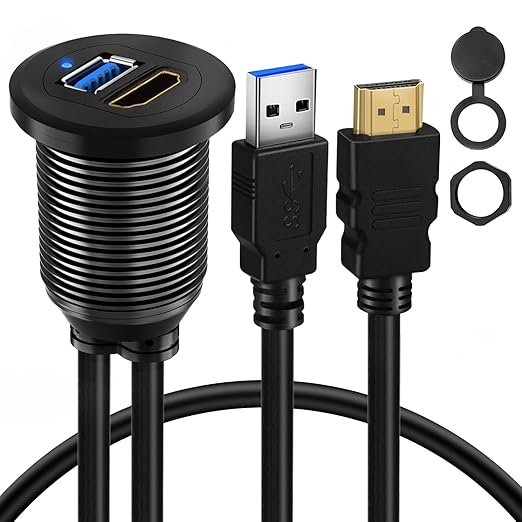 BATIGE USB 3.0 & HDMI to HDMI + USB 3.0 Car Mount Flush Cable, Alloy Shell Dash Panel Extension Cable with LED Indicator for Car Boat Motorcycle 1ft