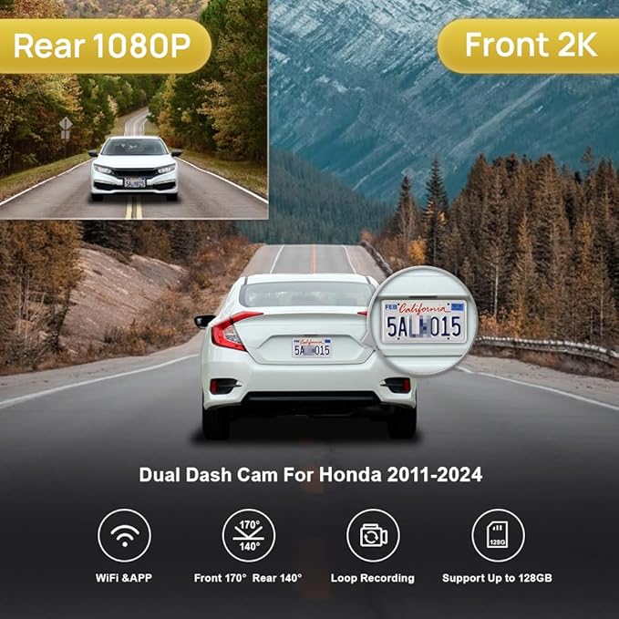 Fitcamx 2K Dual Dash Cam Suitable for Honda 2011-2024 Vehicles (Rhombus Dome Light), OEM Look, Front 1440P+Rear 1080P HD Video, Loop Recording, Built-in WiFi & APP, G-Sensor, Easy to Set, 64GB Card