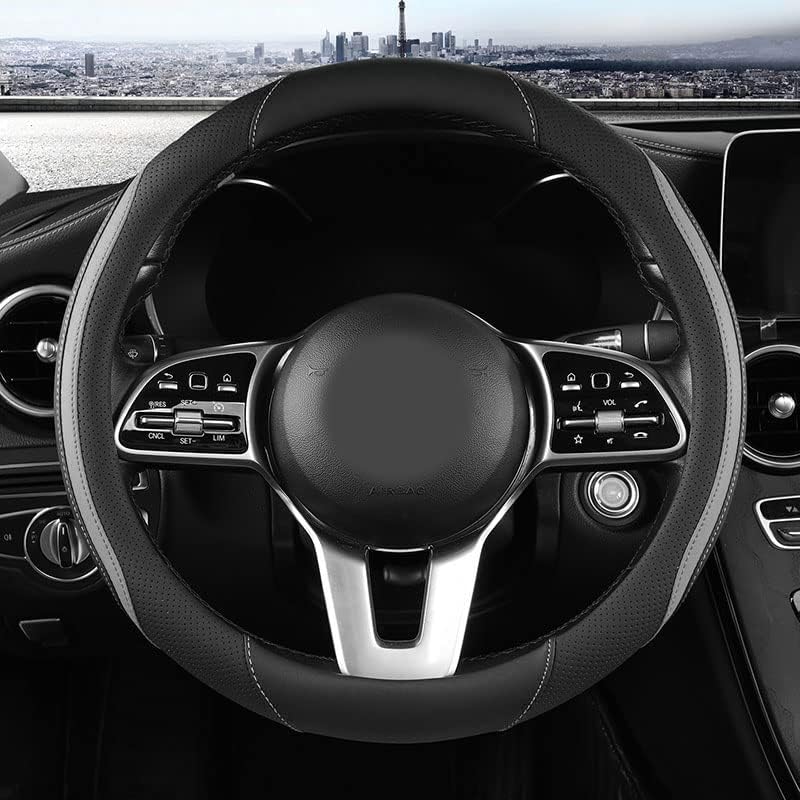 Car Steering Wheel Cover, Leather Steering Wheel Cover Grey Universal 14.5-15 Inch Microfiber Leather Anti-Slip Breathable Auto Steering Wheel Covers for Men Women (Black&Grey)