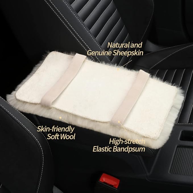 Sheepskin Armrest Cover Auto Center Armrest Cover Car Soft Console Pad, Fluffy Wool Auto Center Console Cover for Most Car Arm Rest Decoration Protector 7 x 13 Inch (Shearling, Light Gray)