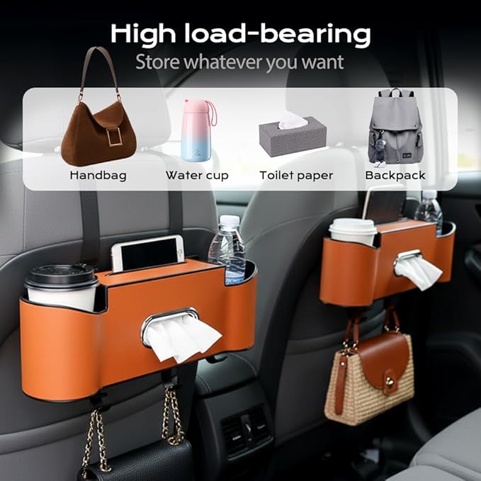 3-in-1 Car Backseat Organizer, 2026 New Multifunctional Back Seat Car Organizer with Cup Holder, Tissue Box, Trash Bin & Hooks for Hold Phones, Snacks, Drinks, Handbags (2, Beige)
