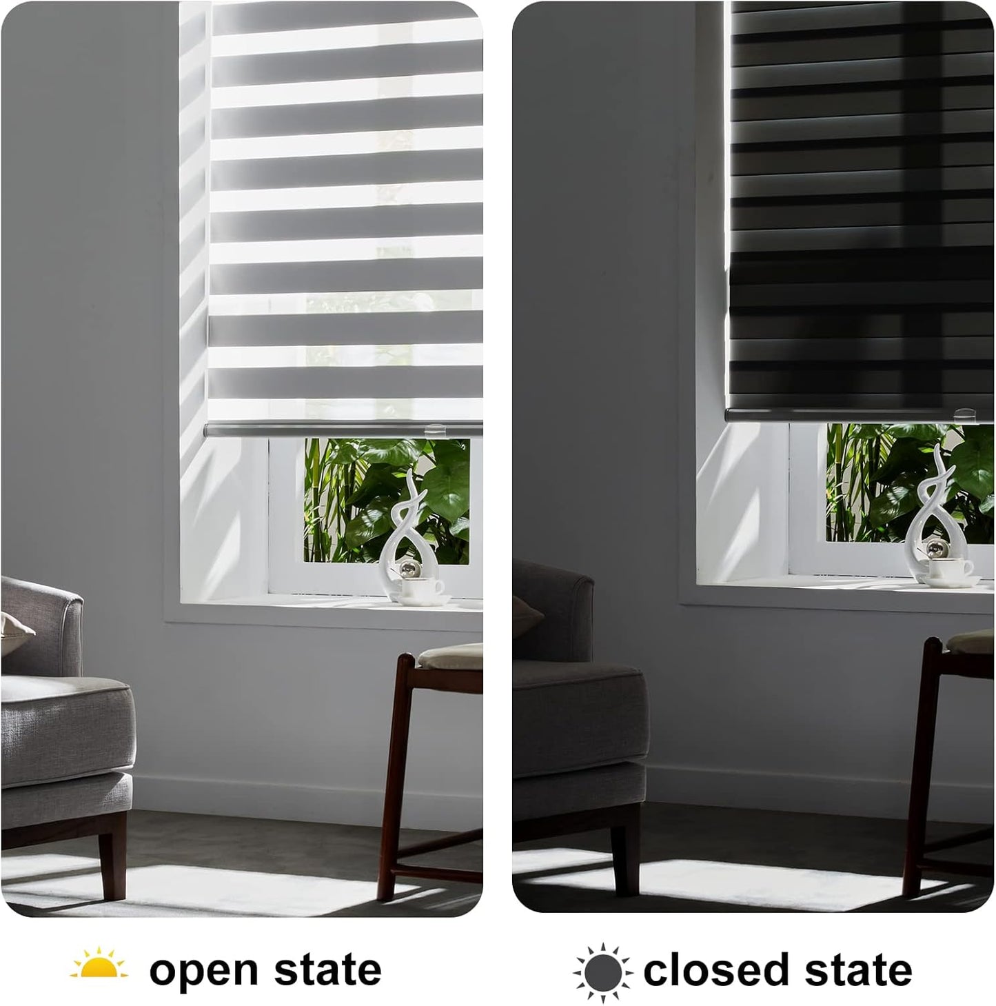 Persilux Cordless Zebra Blinds for Windows Free-Stop Roller Windows Shades (36" W X 64" H, Grey) Dual Layer Light Control for Day and Night, Light Filtering Sheer Shades for Home, Easy to Install