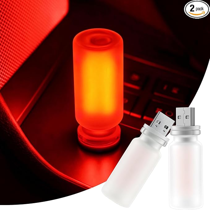 iFunyLED Car Interior USB LED Night Light, Portable Touch dimmable Car Ambient Lighting Kit, Retro Mini Frosted Glass Bottle Lamp Decorations for Vehicle Camping Bedroom Hallway, Pack of 2(Red)