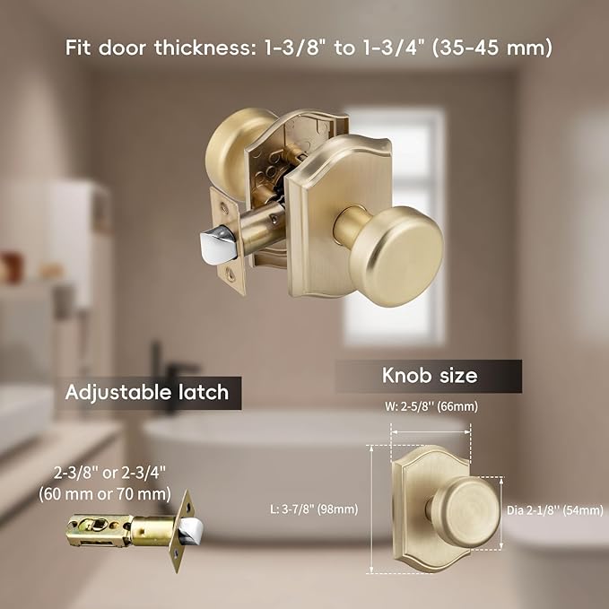 Interior Pismo Doorknobs for Hall, Gold Door Knobs with Camelot Trim, Satin Brass Door Knob with Lock