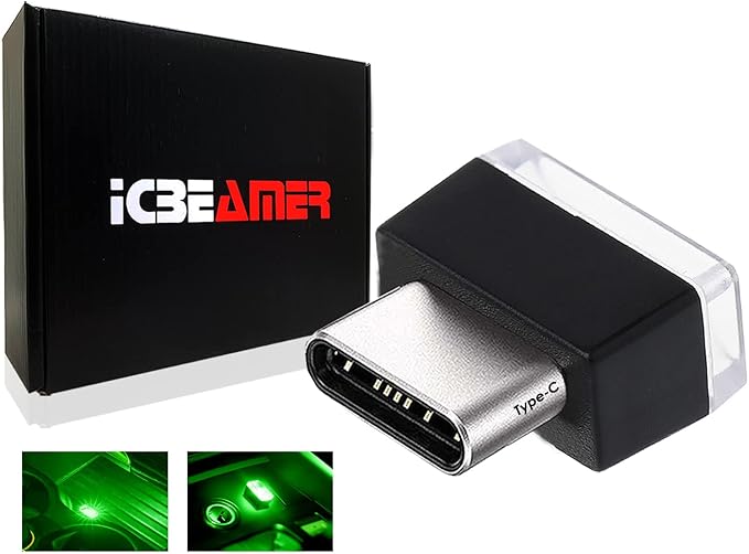 ICBEAMER Type C Adapters Atmosphere Light 1-Pack (Green) | Universal Plug-in Miniature LED Night Light for Car Interior and Trunk Ambient Lighting, Easy Installation, Energy Efficient