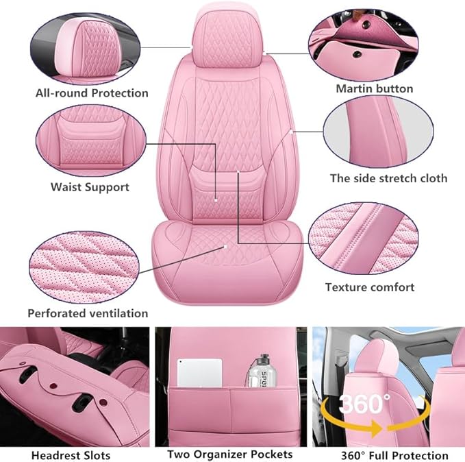 Front Seat Car Seat Covers Custom Fit for Ford Fiesta 2011-2019 - Premium Faux Leather with Lumbar Support | Breathable, Waterproof, Anti-Slip, Durable (Pink,Front Seat)