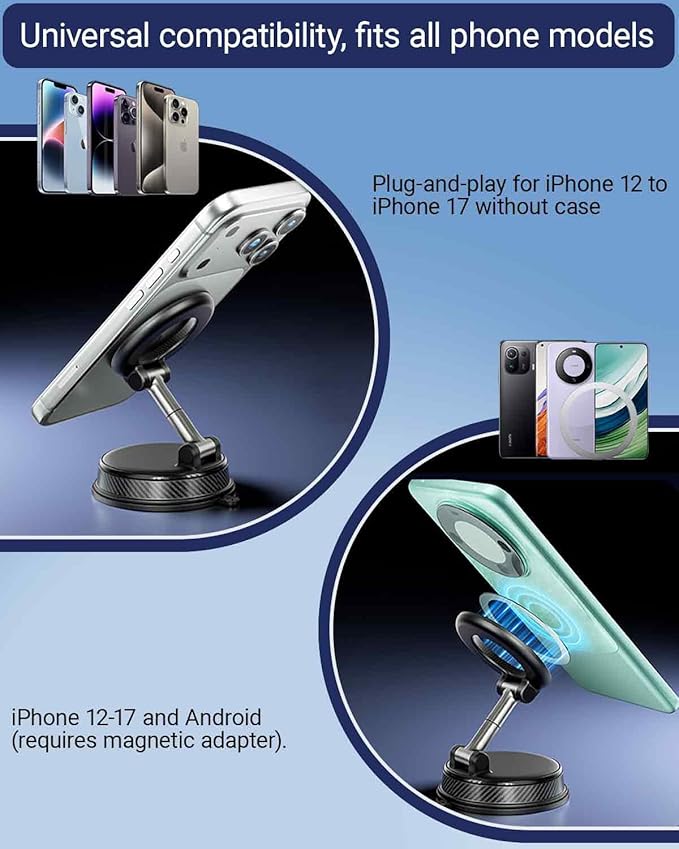 Magnetic Car Phone Holder, 360° Adjustable Vacuum Dashboard and Windshield Mount Cell Phone Holders for Your Car, Carbon Fiber 108+LBS Nano Gel Suction Cup, iPhone, Samsung (Black)