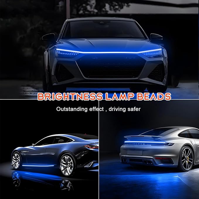 Car Hood Light Strip, 79 Inches Flexible DRL Dynamic Scan Start up Hoodbeam Kit, Waterproof 12V LED Headlight Strips Engine Cover Decoration, Exterior Car Accessories