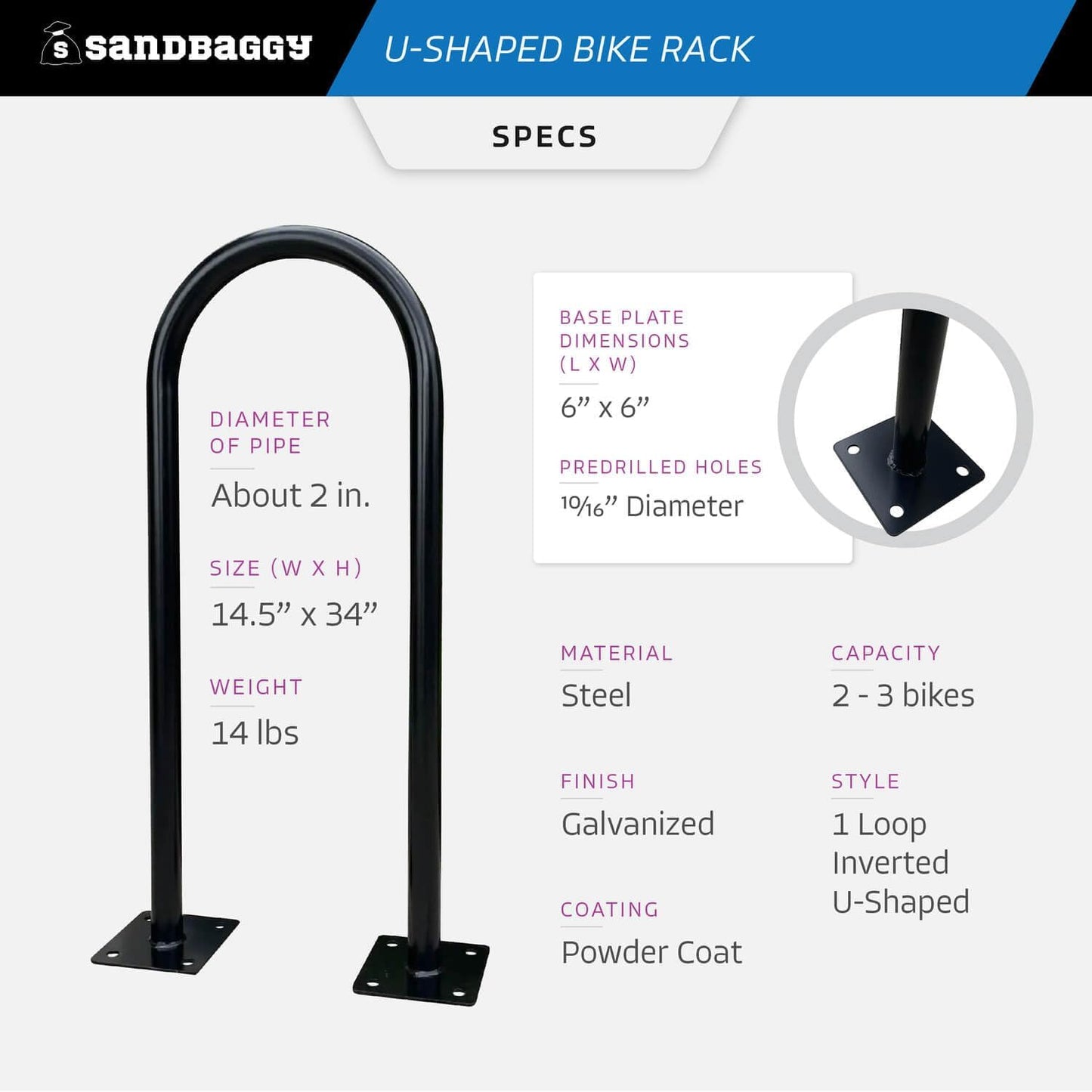 Sandbaggy In Ground Bike Rack | U Shaped, Commercial, Outdoor, 1 Loop, Galvanized Steel | Black, 14.5" x 34" (10)