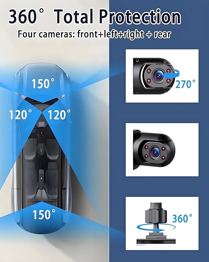 Car Dash Cam Front Rear 360 Full View 4K Dual Security 24HR Rechargeable 4 Channel Mirror Rearview Interior Auto Video On-Dash Mounted Driving Recorder Truck Electronics Accessory(64G)