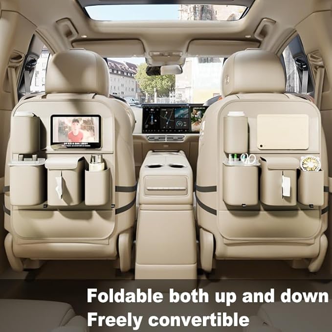 GMQ Backseat Car Organizer with Touch Screen,Protectors Kick Mats Travel Accessories for Kids,Multifunctional Seat Back Organizer Car Travel Organizer Accessories (Beige, 1PC)