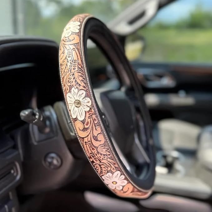 Western Steering Wheel Cover,Retro Western Cowboy Car Universal Steering Wheel Cover,Embossed Hand-Painted Leather Western Car Accessories, for Women Man, Anti-Slip Design Easy to Install (C)