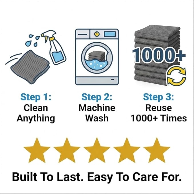 MIRACLEAN Waffle Weave Microfiber Cloths - 12 x 12 inches - Lint Free Cloth, Streak-Free Absorbent Microfiber Glasses Cleaning Cloth, Screens, Dusting & Appliances - 12 Pack Premium Cloth Wipes