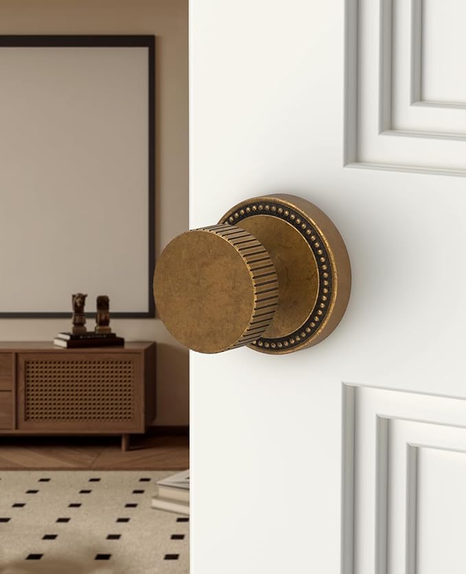 Asidrama 1 Pack Antique Brass Passage Door Knobs with Lock, Vintage Door Handles with Antique Brass Door Knobs Interior for Bedroom or Bathroom, Heavy Duty Door Lever for Left Right Sided Doors