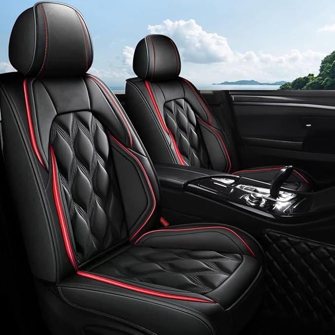 AOMSAZTO Front Seat Covers Fit for Kia Soul 2010-2026 Waterproof Faux Leather Car Seat Cover Compatible with Airbag(2PCS Front, Black&Redline)