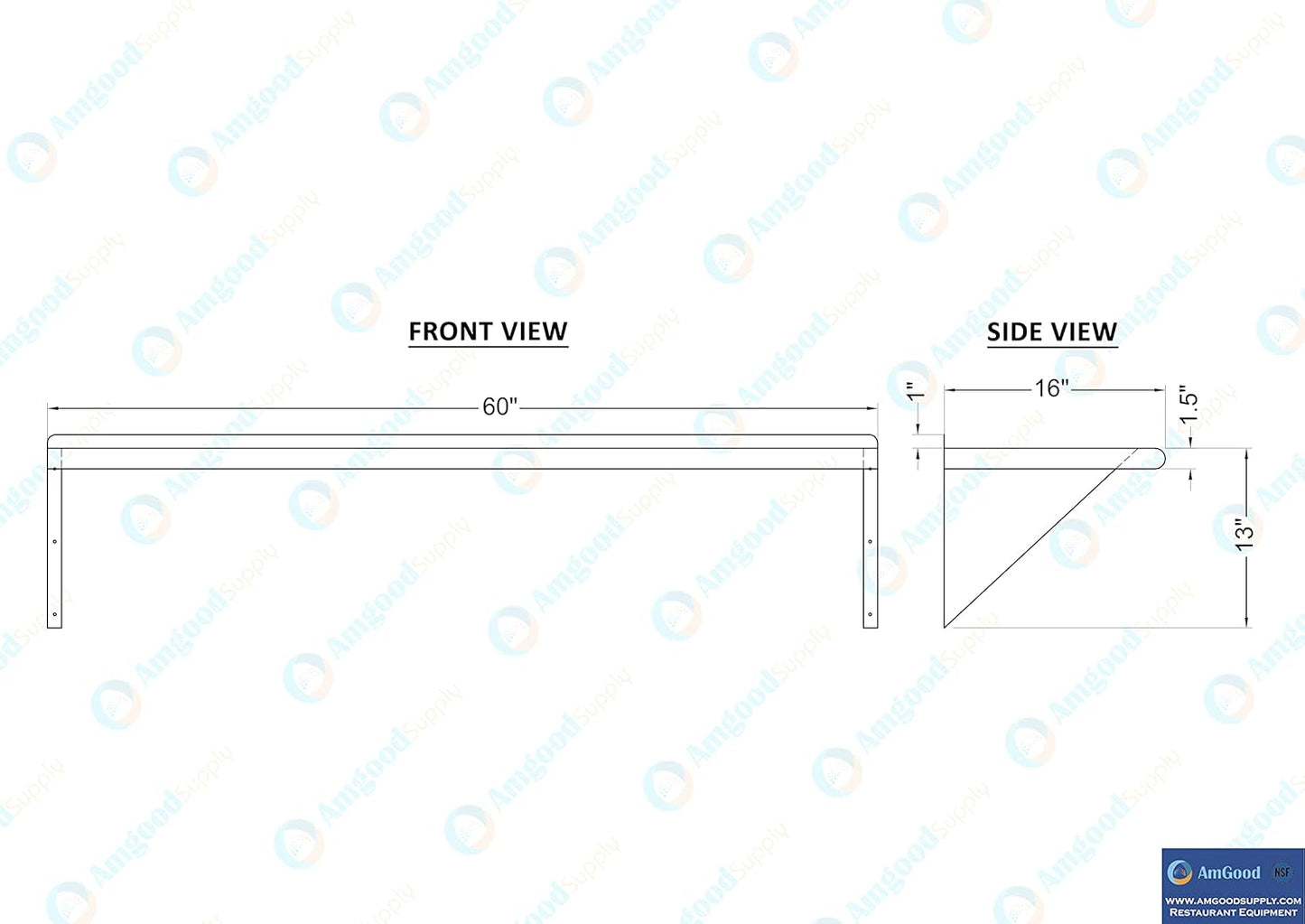 AmGood 16 in. x 60 in. Stainless Steel Wal Mount Shelf. Commercial/Home. Kitchen, Restaurant, Garage, Laundry, Utility Room. NSF