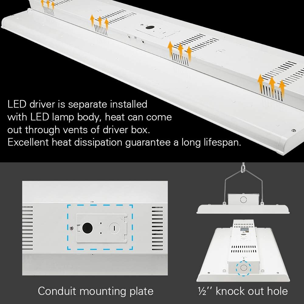 4FT LED High Bay Light - Pack of 2-300W - 42000LM - 1-10V dimmable - 5000K - UL and DLC Listed - Replaces 8 Lamp Fluorescent T5 Fixture