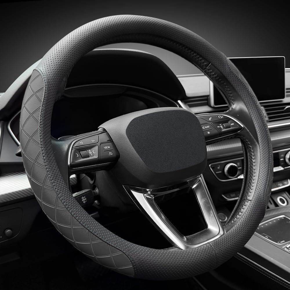 LKWLIKEI Nappa Leather Steering Wheel Cover, Elegant Diamond Checkered Design, Non-Slip wear-Resistant, Enhance Driving Comfort, Suitable for Steering Wheel Diameter 14 1/2‘-15’ Models.Black