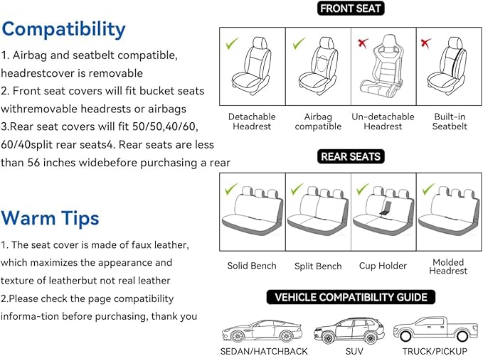 Car Seat Covers, Premium Leather Car Seat Covers, Waterproof and Breathable Seat Covers, Universal Car Seat Protector Fit for Cars, Trucks, SUVs, Pick-ups (Gray, FullSet)