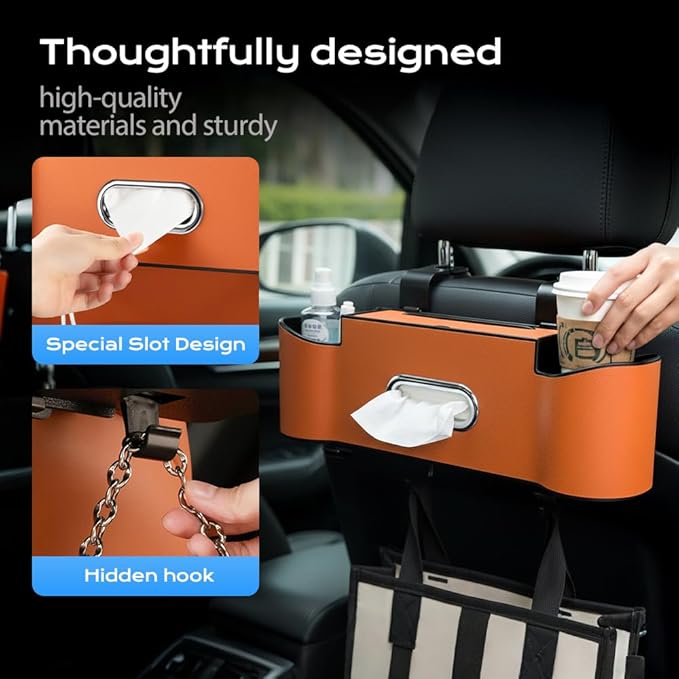 3-in-1 Car Backseat Organizer, 2026 New Multifunctional Back Seat Car Organizer with Cup Holder, Tissue Box, Trash Bin & Hooks for Hold Phones, Snacks, Drinks, Handbags (1, Beige)