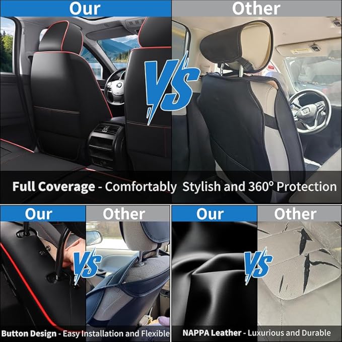 Car Seat Covers Full Set Custom Fit for Chevy Cruze 2011-2019-Luxury Leather with Lumbar Support, Breathable, Waterproof, Anti-Slip, Durable, Easy to Install (Black&Red,Full Set)