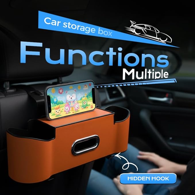 3-in-1 Car Backseat Organizer, 2026 New Multifunctional Back Seat Car Organizer with Cup Holder, Tissue Box, Trash Bin & Hooks for Hold Phones, Snacks, Drinks, Handbags (1, Orange)