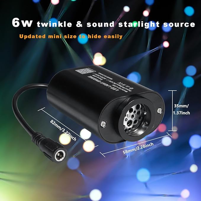 AMKI Mini 6W Starlight Headliner Kit 600pcs 0.03in 9.8ft,Twinkle+Sound Activated Fiber Optic Light 4Lamp Beam Starlight Box APP/Remote Control for Car Home Star Ceiling Decoration