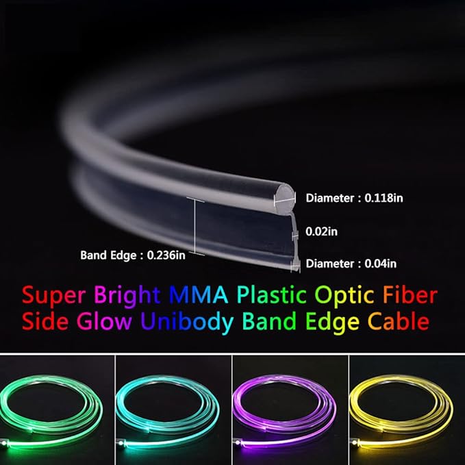 Super Bright MMA Plastic Optic Fiber Side Glow Unibody Band Edge Cable Car LED Illumination Optic Fiber Band Car Interior Atmosphere Lights (9.84ft)