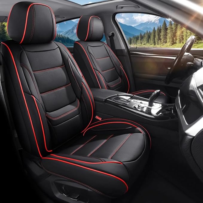 Car Seat Covers Full Set Custom Fit for Mercury Mariner 2005-2011-Luxury Leather with Lumbar Support, Breathable, Waterproof, Anti-Slip, Durable, Easy to Install (Black&Red,Full Set)