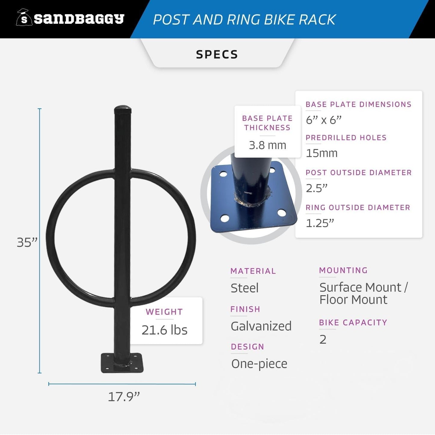 Sandbaggy Post and Ring Bike Rack - Commercial Bike Racks - Galvanized Steel - Anti-Theft Design - In Ground, Apartments, Sidewalks, Industrial (Gray, 2)