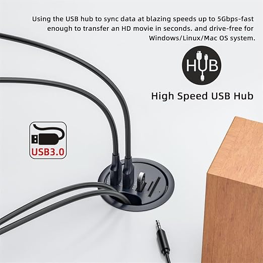 Xiwai USB 3.0 Hub Splitter, SD TF 3 Port USB Multiport Expander 60mm Desk Grommet Dock Station Micro-SD Card Reader for PC Desk Desktop