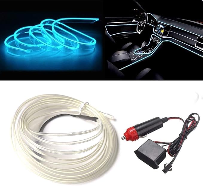 MaxLax El Wire Ice Blue Interior Car LED Strip Lights, 10m neon Wire 12V with Fuse Protection for Automotive Car Interior Decoration with 6mm Sewing Edge