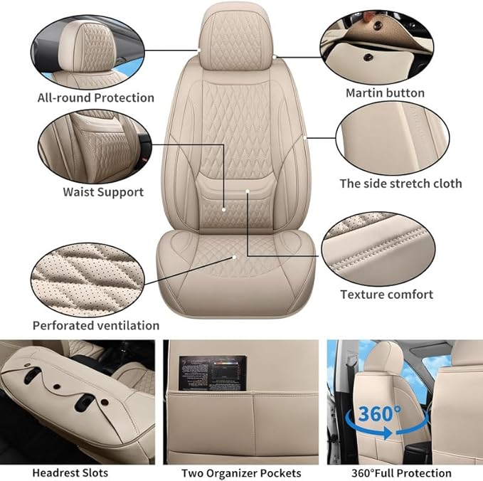 Car Seat Covers Full Set Custom Fit for Buick Century 1997-2005 - Premium Faux Leather with Lumbar Support | Breathable, Waterproof, Anti-Slip, Durable (Beige,Full Set)