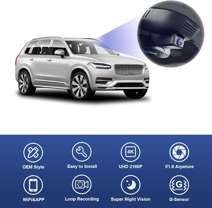 Fitcamx Front 2K+Rear 1080P Dash Cam Adapts for for Volvo XC90 2023-2026 Plug-in Hybrid B5 B6 T8 (Model B), OEM Style, Dual HD Video, WiFi & APP, Loop Recording, G-Sensor, Easy to Use, 64GB Card