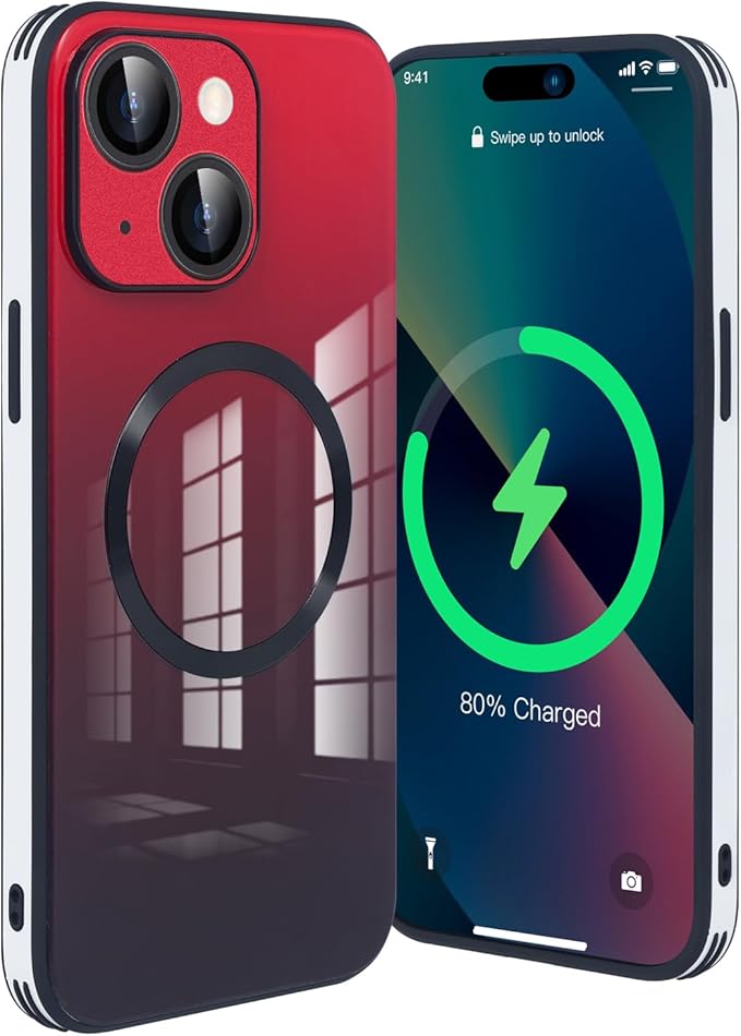 Guppy Compatible with iPhone 13 with MagSafe Case, Magnetic Gradient Case with MagSafe Charging, Gradient Glass Back Cover with Lens Film-Red